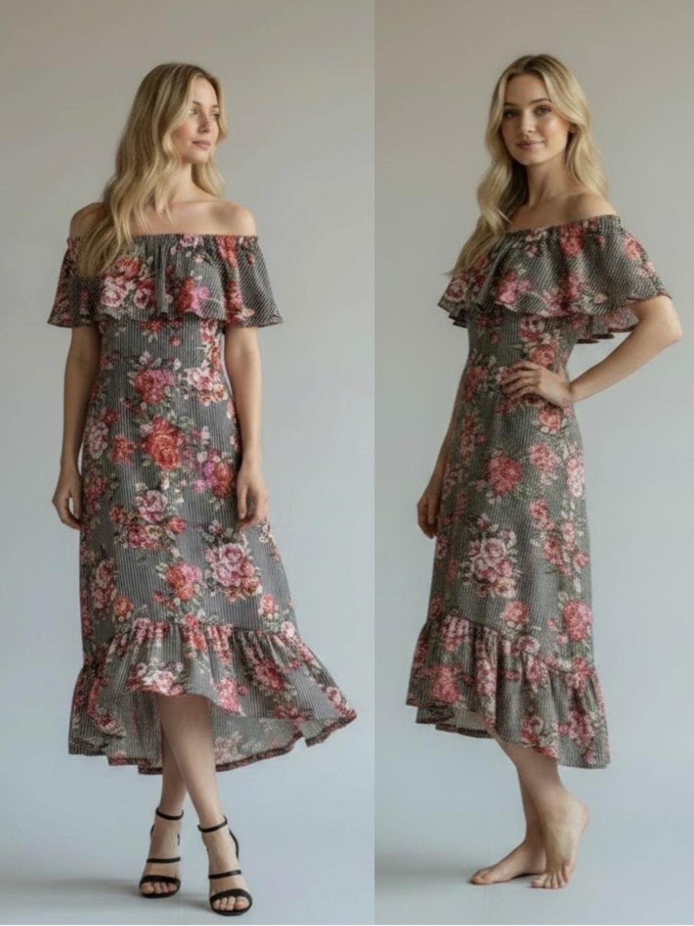 Off the Shoulder Ruffle HiLo Striped and Floral Dress Soft and Stretchy Size M